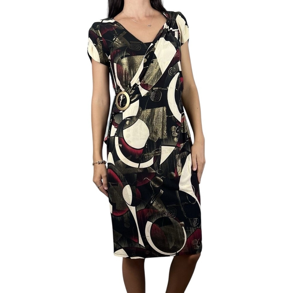Joseph Ribkoff Faux Wrap Knee Length V Neck Abstract Dress Women's Size 10